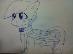 Size: 960x716 | Tagged: safe, artist:nickel, oc, oc only, oc:shining glow, pegasus, pony, bowtie, clothes, cute, male, monochrome, scarf, simple background, solo, stallion, traditional art