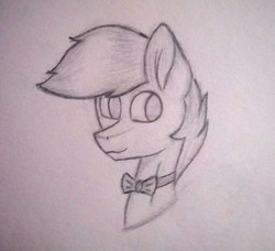 Size: 1183x1080 | Tagged: safe, artist:nickel, edit, oc, oc only, oc:shining glow, pegasus, pony, bowtie, bust, head, male, monochrome, paper, pegasus oc, portrait, simple background, solo, traditional art