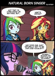 Size: 800x1108 | Tagged: safe, artist:uotapo, rainbow dash, sci-twi, sunset shimmer, twilight sparkle, equestria girls, g4, my little pony equestria girls: better together, comic, geode of empathy, geode of super speed, guitar, jewelry, magical geodes, microphone, necklace, translation