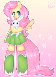 Size: 2496x3423 | Tagged: safe, artist:bunxl, angel bunny, fluttershy, pegasus, anthro, unguligrade anthro, g4, arm hooves, boots, clothes, cute, equestria girls outfit, female, heart, heart eyes, high res, mare, shoes, shyabetes, skirt, smiling, socks, starry eyes, wingding eyes