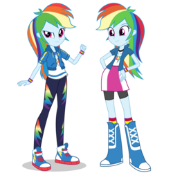 Size: 1475x1475 | Tagged: safe, artist:mewtwo-ex, rainbow dash, equestria girls, g4, my little pony equestria girls: better together, boots, clothes, comparison, compression shorts, converse, cute, dashabetes, equestria girls prototype, female, geode of super speed, hand on hip, leggings, magical geodes, pants, shoes, shorts, simple background, skirt, smiling, sneakers, socks, transparent background, vector, wristband