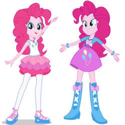 Size: 1475x1475 | Tagged: safe, artist:mewtwo-ex, pinkie pie, equestria girls, g4, my little pony equestria girls: better together, boots, clothes, comparison, cute, equestria girls prototype, female, geode of sugar bombs, leggings, long hair, pantyhose, rah rah skirt, sandals, shoes, simple background, skirt, transparent background, vector, wristband