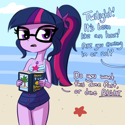 Size: 1650x1650 | Tagged: safe, artist:tjpones, sci-twi, twilight sparkle, equestria girls, equestria girls specials, g4, my little pony equestria girls: better together, my little pony equestria girls: forgotten friendship, beach, book, clothes, dialogue, female, geode of telekinesis, glasses, nerd, offscreen character, one-piece swimsuit, ponytail, sci-twi swimsuit, solo, swimsuit, water