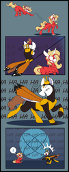 Size: 1125x2789 | Tagged: safe, artist:selective yellow, oc, oc only, oc:anzel, oc:crystal wishes, clothes, comic, costume, crossover, duo, full comic, laughing, miraculous ladybug, offspring, parent:jet set, parent:upper crust, parents:upperset, the monarch, the venture bros.