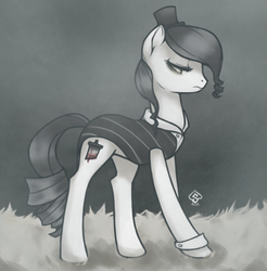 Size: 803x816 | Tagged: safe, artist:soulspade, oc, oc only, oc:guillotine, earth pony, pony, clothes, female, hat, mare, monochrome, partial color, solo, top hat