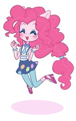 Size: 1294x2048 | Tagged: safe, artist:bbtasu, pinkie pie, equestria girls, g4, bracelet, clothes, cute, diapinkes, eyes closed, female, high heels, jewelry, jumping, leggings, necktie, shoes, simple background, skirt, solo, suspenders, white background