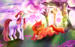 Size: 1825x1152 | Tagged: safe, artist:huayan, oc, butterfly, earth pony, pony, unicorn, book, cherry blossoms, cherry tree, flower, flower blossom, jewelry, necklace, spring, tree