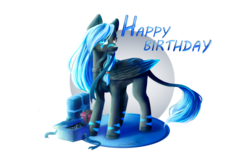 Size: 1386x907 | Tagged: safe, artist:huayan, oc, oc only, pegasus, pony, gift art, happy birthday, heterochromia, leonine tail, present, simple background, solo, transparent background