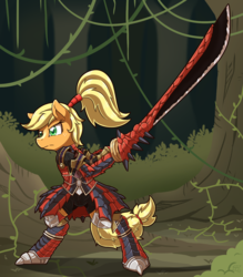 Size: 1312x1500 | Tagged: safe, artist:vavacung, applejack, earth pony, pony, rathalos, g4, armor, female, forest, monster hunter, ponytail, sword, video game crossover, weapon