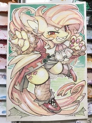 Size: 958x1280 | Tagged: safe, artist:mosamosa_n, fluttershy, bat pony, anthro, g4, alternate cutie mark, bat ponified, clothes, female, fishnet stockings, flutterbat, looking at you, nails, race swap, shoes, smiling, solo, traditional art