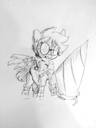 Size: 1440x1920 | Tagged: safe, artist:tjpones, oc, oc only, oc:tjpones, earth pony, pony, buck legacy, artificial wings, augmented, clothes, drill, goggles, grayscale, headset, lineart, male, mechanical wing, monochrome, sketch, solo, stallion, traditional art, wings