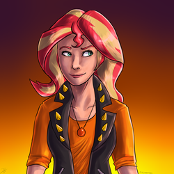 Size: 2000x2000 | Tagged: safe, artist:shimazun, sunset shimmer, human, equestria girls, g4, my little pony equestria girls: better together, clothes, female, geode of empathy, high res, humanized, shirt, smiling, solo, vest