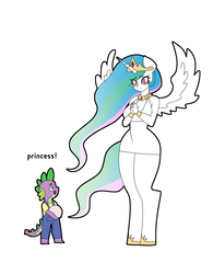 Size: 2081x2672 | Tagged: safe, artist:franschesco, princess celestia, spike, alicorn, dragon, anthro, unguligrade anthro, g4, blushing, breasts, busty princess celestia, clothes, crown, cute, cutelestia, dialogue, dress, duo, duo male and female, female, high res, jewelry, looking at each other, male, mare, momlestia, overalls, regalia, shirt, simple background, size difference, smiling, spikabetes, spread wings, white background, wings, younger