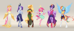 Size: 3804x1577 | Tagged: safe, artist:orchidpony, applejack, fluttershy, pinkie pie, rainbow dash, rarity, twilight sparkle, alicorn, bird, earth pony, pegasus, unicorn, anthro, unguligrade anthro, g4, alternate hairstyle, applejack is not amused, arm behind back, belly button, belly fluff, boots, character line up, clothes, crossed arms, crown, cute, diapinkes, dress, eyes closed, featured image, female, gloves, gradient background, jewelry, line-up, mane six, mare, partial hem, regalia, shoes, shyabetes, side slit, size comparison, smiling, total sideslit, twilight sparkle (alicorn), unamused
