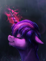 Size: 1390x1838 | Tagged: safe, artist:moondreamer16, twilight sparkle, pony, g4, crying, eyes closed, female, glowing horn, happy, horn, magic, rain, smiling, solo