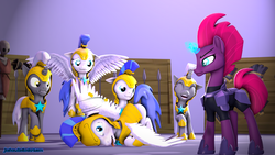 Size: 1920x1080 | Tagged: safe, artist:jachau, tempest shadow, pony, g4, my little pony: the movie, 3d, armor, female, fight, lying, magic, male, mare, royal guard, source filmmaker, stallion, standing, training