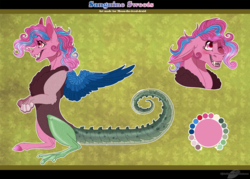 Size: 1590x1140 | Tagged: safe, artist:bijutsuyoukai, oc, oc only, oc:sanguine sweets, draconequus, interspecies offspring, offspring, one eye closed, parent:discord, parent:pinkie pie, parents:discopie, reference sheet, solo, wink