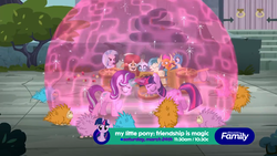 Size: 1280x720 | Tagged: safe, screencap, gallus, ocellus, sandbar, silverstream, smolder, starlight glimmer, twilight sparkle, yona, alicorn, classical hippogriff, griffon, hippogriff, pony, pukwudgie, g4, school daze, barrier, discovery family, discovery family logo, force field, logo, monster, student six, teacher and student, twilight sparkle (alicorn)