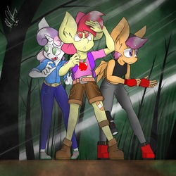 Size: 2048x2048 | Tagged: safe, artist:dark-zoul, apple bloom, scootaloo, sweetie belle, earth pony, anthro, plantigrade anthro, g4, bandaid, belt, big ears, boots, clothes, cutie mark crusaders, fingerless gloves, gloves, high res, pants, shoes, shorts