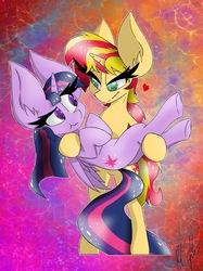 Size: 2048x2732 | Tagged: safe, artist:dark-zoul, sunset shimmer, twilight sparkle, alicorn, pony, unicorn, g4, bridal carry, carrying, female, high res, holiday, impossibly large ears, lesbian, ship:sunsetsparkle, shipping, twilight sparkle (alicorn), valentine's day