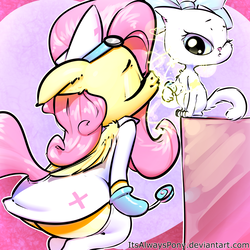 Size: 3000x3000 | Tagged: safe, artist:itsalwayspony, fluttershy, mitsy, cat, pegasus, pony, semi-anthro, g4, adorasexy, bipedal, candy, clothes, cute, eyes closed, flutternurse, food, gloves, high res, hoof gloves, kissing, lollipop, nurse, nurse outfit, one eye closed, rubber gloves, sexy, shyabetes