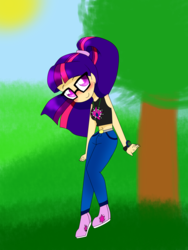 Size: 1944x2592 | Tagged: safe, artist:galaxiedream, sci-twi, twilight sparkle, human, g4, alternate clothes, alternate hairstyle, belly button, clothes, female, glasses, humanized, jeans, midriff, pants, shoes, solo, sun, tree, watch