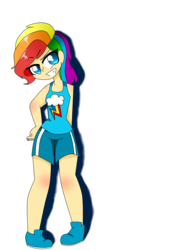 Size: 1606x2185 | Tagged: safe, artist:galaxiedream, rainbow dash, human, g4, alternate hairstyle, clothes, female, humanized, shoes, shorts, simple background, solo, sports shorts, tank top, transparent background, wrong eye color