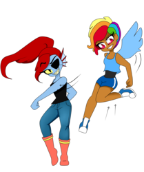 Size: 1739x2077 | Tagged: safe, artist:galaxiedream, rainbow dash, human, g4, alternate hairstyle, boots, clothes, converse, crossover, dark skin, duo, eyepatch, female, fight, humanized, jeans, pants, punch, shoes, simple background, sports shorts, tank top, transparent background, undertale, undyne, winged humanization, wings