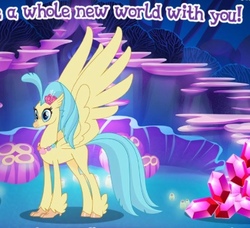 Size: 405x369 | Tagged: safe, gameloft, princess skystar, classical hippogriff, hippogriff, g4, my little pony: the movie, a whole new world, aladdin, meme, song reference, wow! glimmer