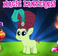Size: 408x393 | Tagged: safe, gameloft, cucumber seed, earth pony, pony, g4, marks and recreation, colt, feather, foal, gem, magic lanterns, male, meme, solo, stallion, turban, wow! glimmer