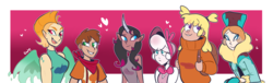 Size: 3225x981 | Tagged: safe, artist:waackery, arizona (tfh), oleander (tfh), paprika (tfh), pom (tfh), tianhuo (tfh), velvet (tfh), alpaca, human, them's fightin' herds, bandana, bonnet, bowtie, clothes, coat, community related, curved horn, dark skin, ear piercing, earring, elf ears, female, fightin' six, freckles, hat, heart, heart eyes, horn, horned humanization, humanized, jewelry, neckerchief, overalls, piercing, shirt, sweater, wingding eyes, winged humanization, wings
