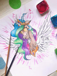 Size: 1536x2048 | Tagged: safe, artist:woonborg, discord, princess celestia, draconequus, g4, ambiguous gender, jewelry, paintbrush, regalia, signature, smiling, solo, traditional art, watercolor painting, wings
