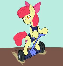 Size: 1958x2048 | Tagged: safe, artist:omegapony16, apple bloom, earth pony, pony, g4, bipedal, bow, clothes, colored, cutie mark, female, filly, hair bow, japanese, looking back, one-piece swimsuit, segway, solo, swimsuit, the cmc's cutie marks