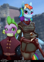 Size: 2480x3508 | Tagged: safe, artist:eztp, rainbow dash, spike, anthro, fanfic:a game of equestria, g4, armor, castle, crossover, fanfic, fanfic art, game of thrones, high res, signature, smiling, sword, weapon