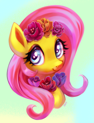 Size: 679x889 | Tagged: safe, artist:sorcerushorserus, fluttershy, pegasus, pony, g4, bust, cute, female, floral necklace, flower, flower in hair, gradient background, looking at you, looking up, mare, portrait, shyabetes, simple background, smiling, solo, three quarter view