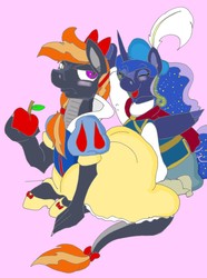 Size: 1611x2161 | Tagged: artist needed, safe, princess luna, oc, oc:stone, oc:stone the dragonpony, g4, apple, bow, clothes, cosplay, costume, crossdressing, food, hair bow, shipping, snow white