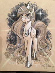 Size: 1536x2048 | Tagged: safe, artist:andypriceart, princess celestia, alicorn, pony, g4, crown, female, jewelry, looking at you, mare, monochrome, regalia, simple background, solo, toned paper, traditional art