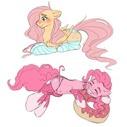 Size: 1280x1280 | Tagged: safe, artist:dinoalpaka, fluttershy, pinkie pie, earth pony, pegasus, pony, rcf community, g4, blushing, chest fluff, clothes, collar, cute, diapinkes, donut, duo, female, food, mare, panties, prone, shyabetes, simple background, socks, striped socks, striped underwear, underwear, white background