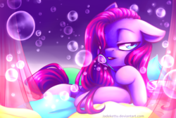 Size: 1024x688 | Tagged: safe, artist:jadekettu, pinkie pie, earth pony, pony, g4, blowing bubbles, bubble, color porn, eyestrain warning, female, looking at you, mare, pillow, pinkamena diane pie, solo