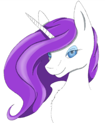 Size: 826x960 | Tagged: dead source, safe, artist:swiggitins, rarity, pony, g4, bust, commission info, female, lidded eyes, portrait, simple background, smiling, solo, white background