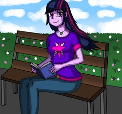 Size: 6600x6122 | Tagged: safe, artist:takrontoxicity, twilight sparkle, equestria girls, g4, absurd resolution, bench, book, clothes, cute, cutie mark on clothes, female, looking at you, pants, sitting, smiling, solo