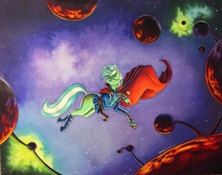 Size: 1500x1180 | Tagged: safe, artist:baron engel, lyra heartstrings, pony, unicorn, g4, cape, clothes, colored pencil drawing, crossover, doctor strange, dormmamu, eye of agamotto, female, flying, looking back, mare, marker drawing, marvel, solo, space, traditional art