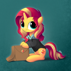 Size: 1000x1000 | Tagged: safe, artist:songbirdserenade, sunset shimmer, pony, unicorn, g4, clothes, cute, female, hoodie, looking at you, mare, saddle bag, shimmerbetes, sitting, solo