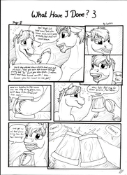 Size: 2550x3506 | Tagged: safe, artist:lupiarts, oc, oc only, oc:daxter, oc:ron nail, comic:what have i done, alcohol, black and white, cider, comic, drunk, grayscale, high res, monochrome, mug, speech bubble, tankard, traditional art