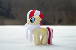 Size: 2046x1362 | Tagged: safe, oc, pony, clothes, cold, cozzy, female, happy, ice, irl, lake, mare, nature, outdoors, photo, photography, plushie, scarf, snow, solo, warm, winter