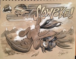Size: 2048x1596 | Tagged: safe, artist:andypriceart, rainbow dash, twilight sparkle, alicorn, pegasus, pony, g4, armpits, cloud, duo, female, flying, leaf, male, mare, monochrome, mountain, rainbow douche, sky, snow, sonic the hedgehog, sonic the hedgehog (series), speech bubble, text, traditional art, twilight sparkle (alicorn), wings, you're too slow