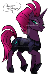 Size: 736x1086 | Tagged: safe, artist:nadairead, tempest shadow, pony, unicorn, g4, my little pony: the movie, armor, bad end, evil smile, eye scar, female, good end, grin, happy, horn, looking at you, mare, scar, simple background, smiling, smirk, smug, smugest shadow, solo, speech, speech bubble, tempest gets her horn back, tempest now has a true horn, text, transparent background, watermark