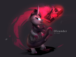 Size: 2297x1722 | Tagged: safe, artist:blackligerth, fhtng th§ ¿nsp§kbl, oleander (tfh), classical unicorn, them's fightin' herds, book, colored hooves, community related, curved horn, female, gray background, horn, looking back, mare, rear view, simple background, solo, unicornomicon, unshorn fetlocks