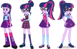 Size: 1616x1041 | Tagged: safe, artist:mewtwo-ex, artist:sugar-loop, sci-twi, twilight sparkle, equestria girls, equestria girls specials, g4, my little pony equestria girls: better together, my little pony equestria girls: friendship games, official, adorkable, backpack, belt, bowtie, clothes, comparison, crystal prep academy, crystal prep academy uniform, crystal prep shadowbolts, cute, dork, evolution, female, glasses, leg warmers, long hair, magic capture device, mary janes, meganekko, open mouth, pleated skirt, ponytail, school uniform, shoes, simple background, skirt, smiling, socks, solo, standing, threelight sparkles, transparent background, trilight, twiabetes, twilight sparkle (alicorn), twolight, vector