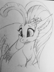 Size: 2448x3264 | Tagged: safe, artist:faline-art, princess skystar, classical hippogriff, hippogriff, g4, my little pony: the movie, cute, female, flower, flower in hair, grayscale, heart eyes, monochrome, pencil drawing, simple background, skyabetes, smiling, solo, traditional art, white background, wingding eyes, wings